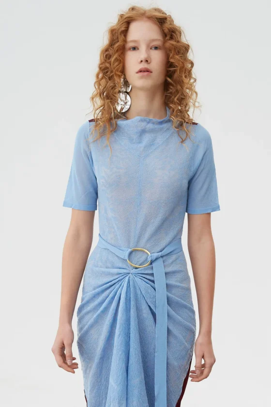 Sky Blue Floral Pleated Waist Dress