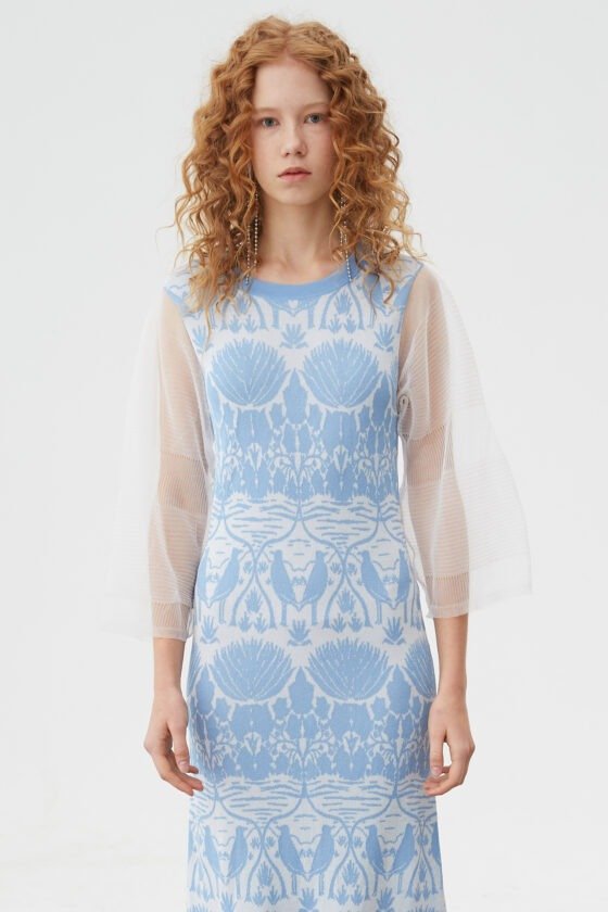Light Blue Sheer Sleeve Jacquard Knit Dress