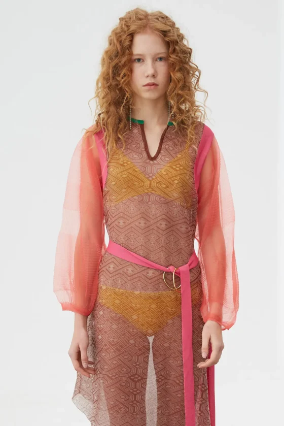 Sheer Gauze Jacquard Contrast Patchwork Dress