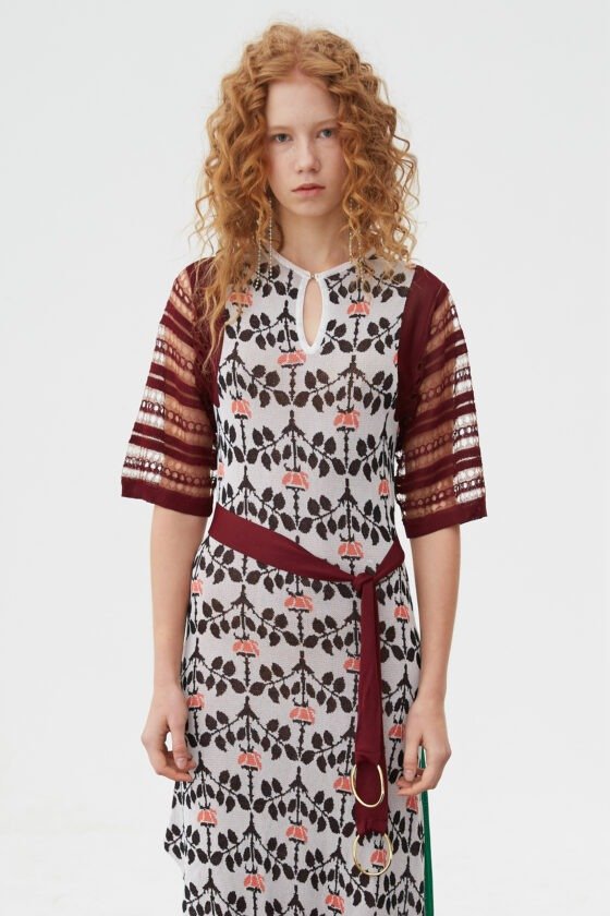 Sheer Sleeve Floral Jacquard Slim Patchwork Dress