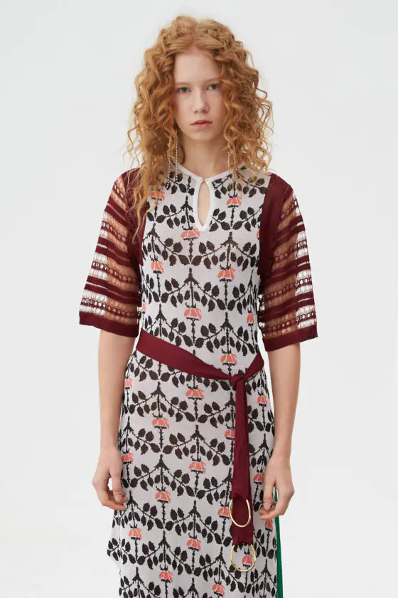 Sheer Sleeve Floral Jacquard Slim Patchwork Dress