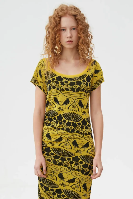 Boat Neck Flower and Bird Drawstring Dress