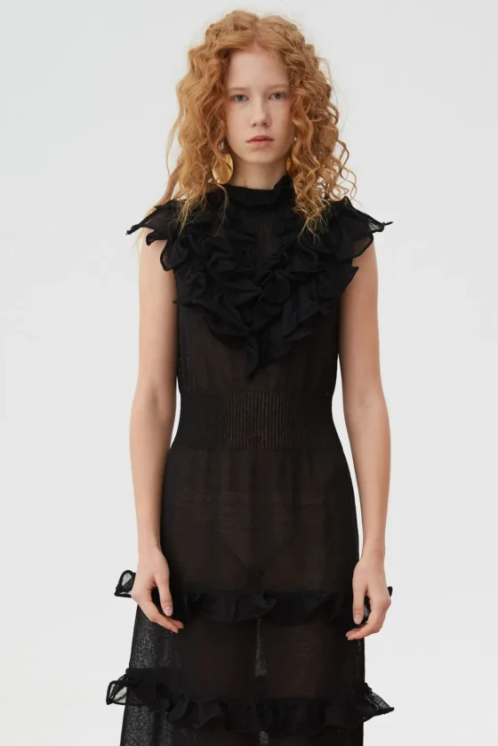 Layered Pleated Lace Back-Tie Knit Little Black Dress