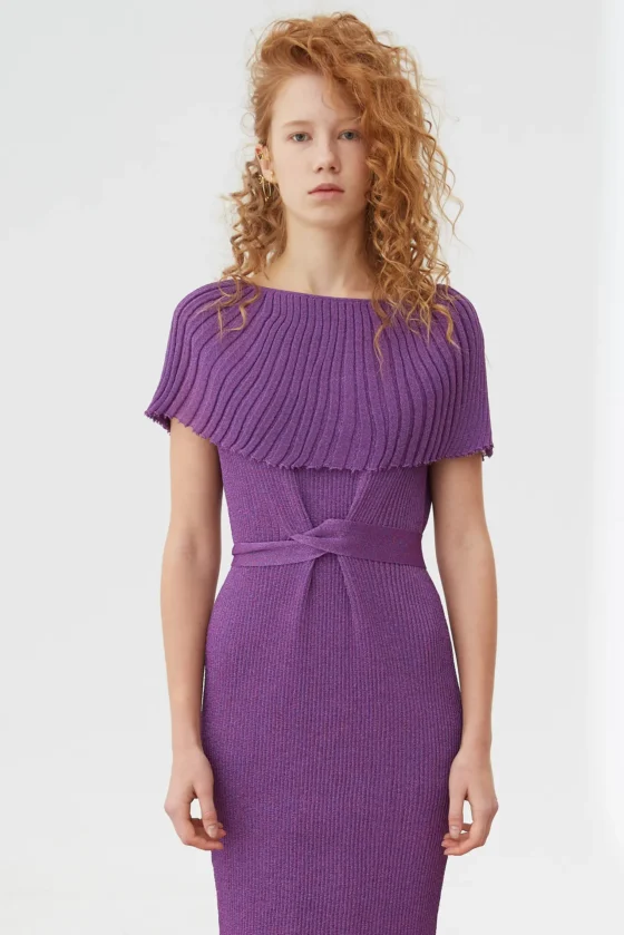Purple Drop-Shoulder Pleated-Collar Dress