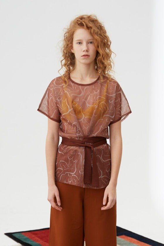 Sheer Jacquard Tie-Front Crossover Short-Sleeve Top