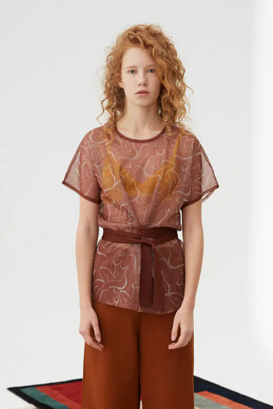 Sheer Jacquard Tie-Front Crossover Short-Sleeve Top