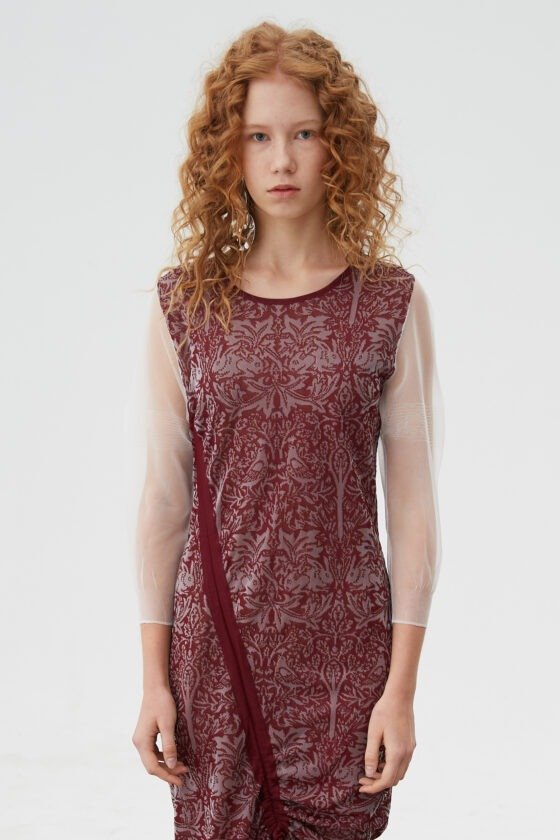 Burgundy Jacquard Drawstring Knit Dress