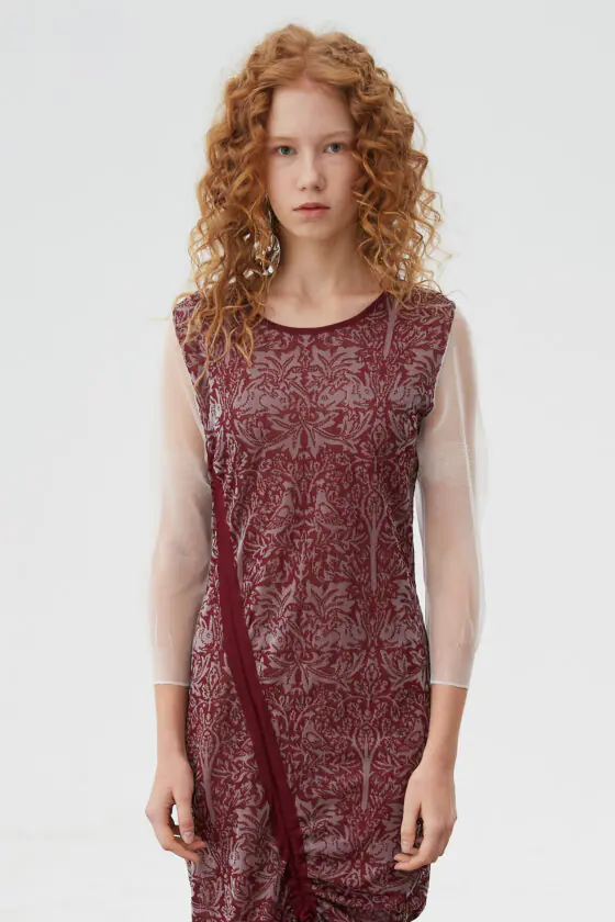 Burgundy Jacquard Drawstring Knit Dress