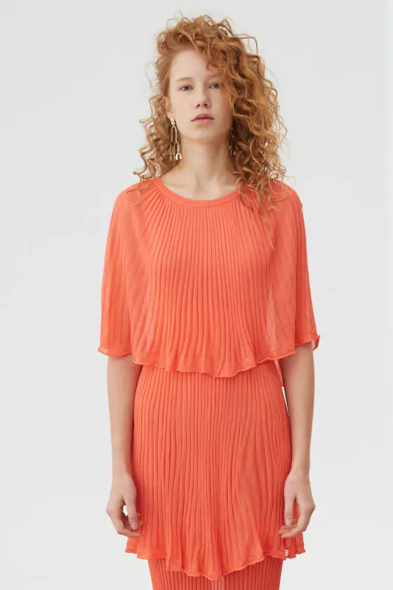 Coral Pink Pleated Tiered Mini Dress