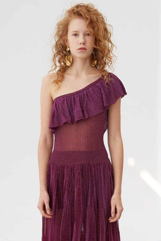 Purple Shimmer One-Shoulder Pleated Contrast Dress