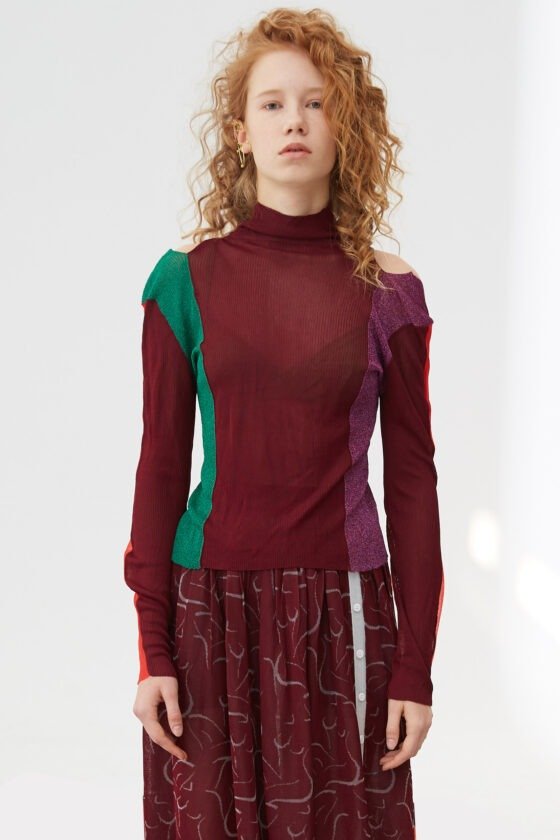 Burgundy Mock Neck Patchwork Top