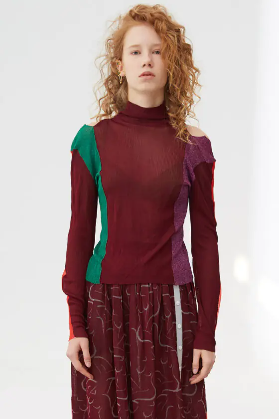 Burgundy Mock Neck Patchwork Top