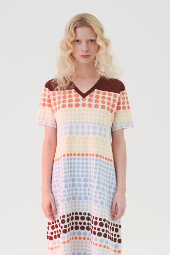 Wine Red and Pink Geometric Jacquard Knit Dress - 04-look-closeup