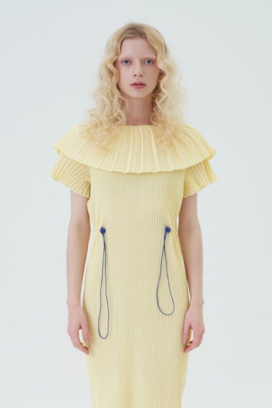 Lemon Yellow Double-Layer Pleated Rib Knit Dress - 04-look-closeup