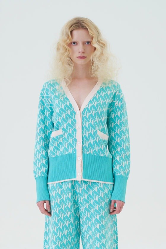 Light Green and Pink Jacquard Cardigan and Shorts Set