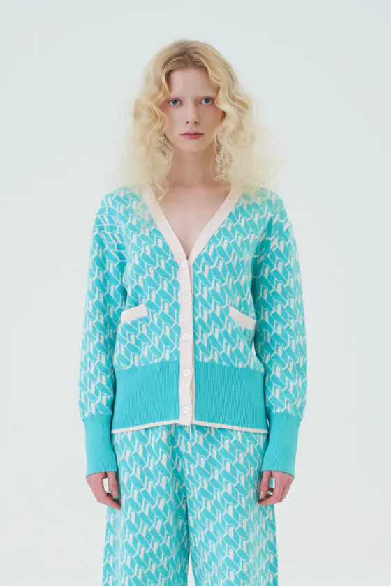 Light Green and Pink Jacquard Cardigan and Shorts Set