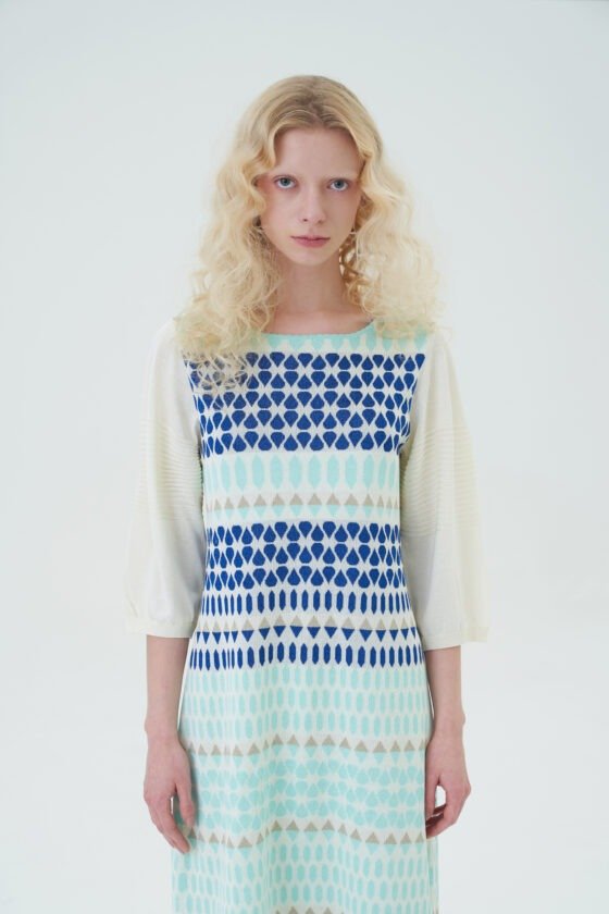 Blue-Green Geometric Jacquard Knit Dress