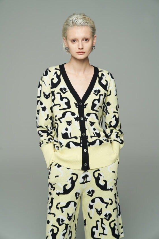 Yellow Cat Jacquard Cardigan and Shorts Set