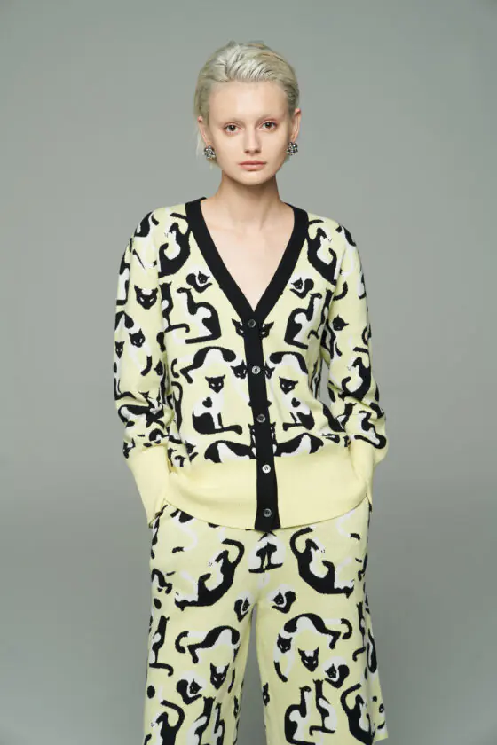 Yellow Cat Jacquard Cardigan and Shorts Set