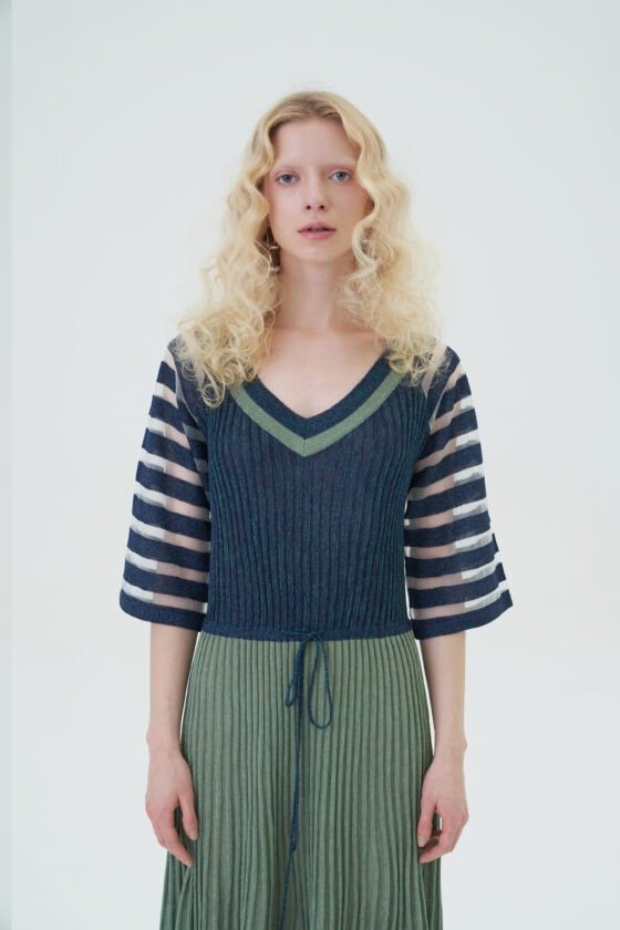 Deep Blue Sheer Pleated Rib Knit Dress