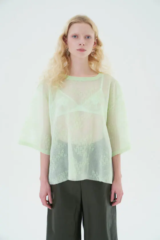 Light Green Dove Floral Jacquard Sheer Top