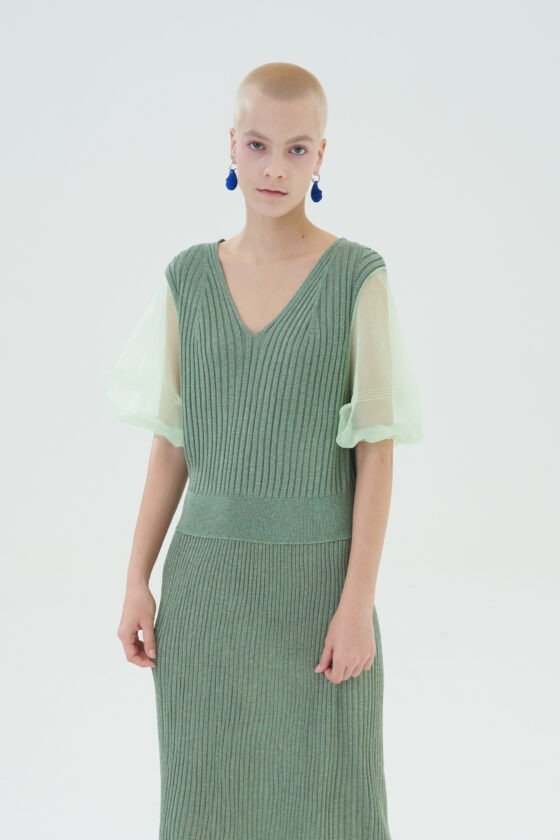 Light Green Sheer Sleeve Knit Dress
