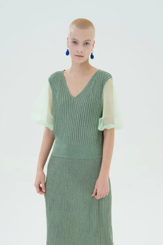 Light Green Sheer Sleeve Knit Dress