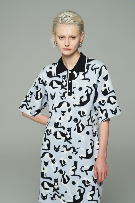 Light Blue Cat Jacquard Polo Knit Dress