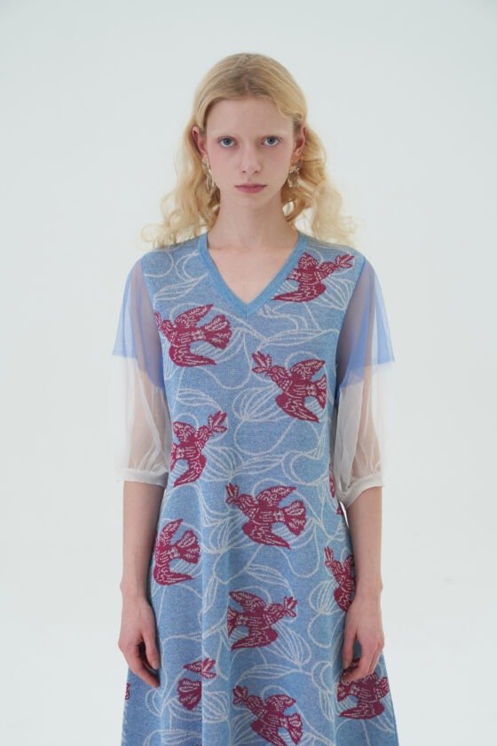 Wine Red and Light Blue Dove Jacquard Dress