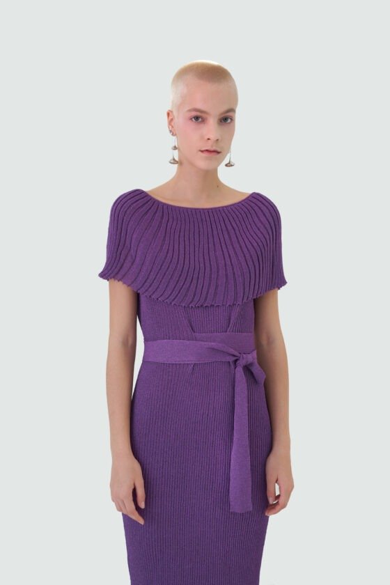 Purple Lurex Pleated-Collar Belted Dress