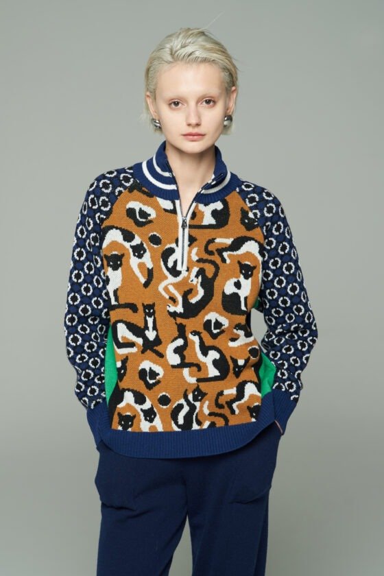 Cat Colorblock Jacquard Ski Knit Sweater