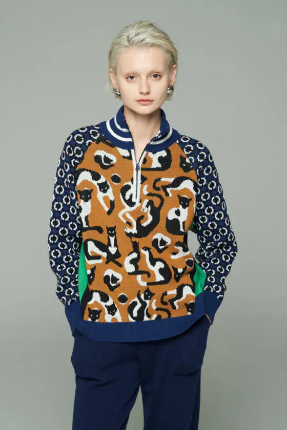 Cat Colorblock Jacquard Ski Knit Sweater