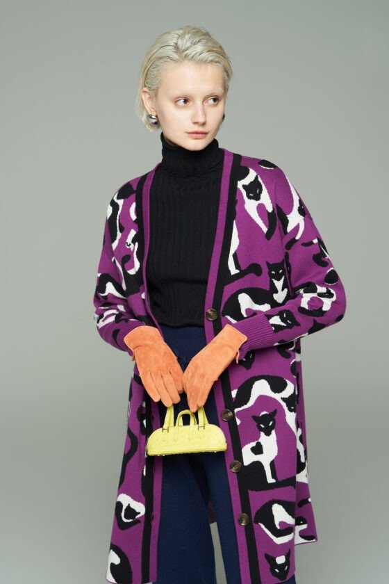 Purple Cat Jacquard Knit Coat