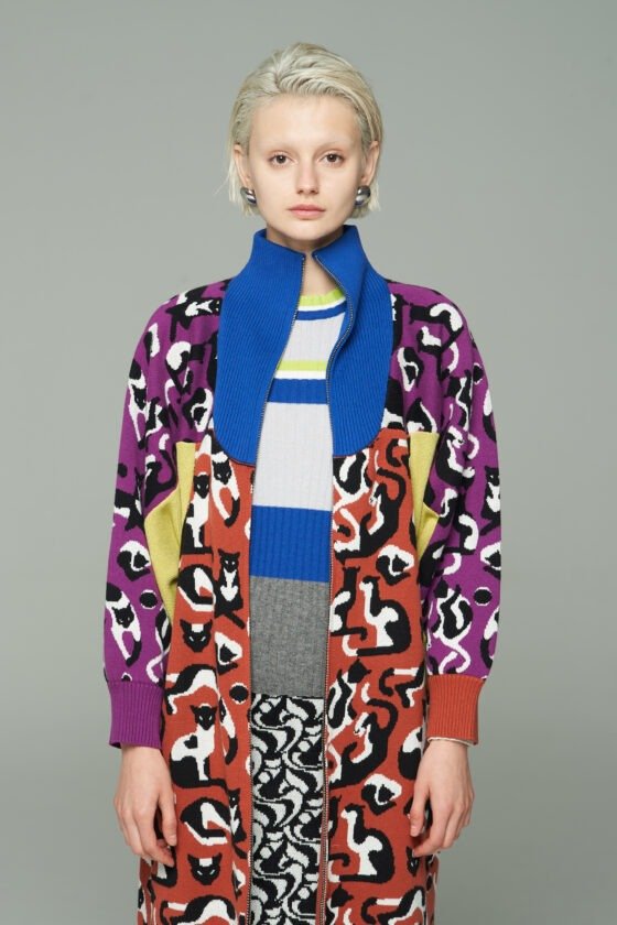 Long Sporty Cat Jacquard Wool Coat