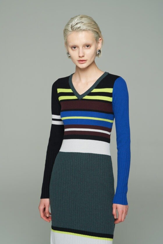 Striped Wool Knit Dress with Side Slits