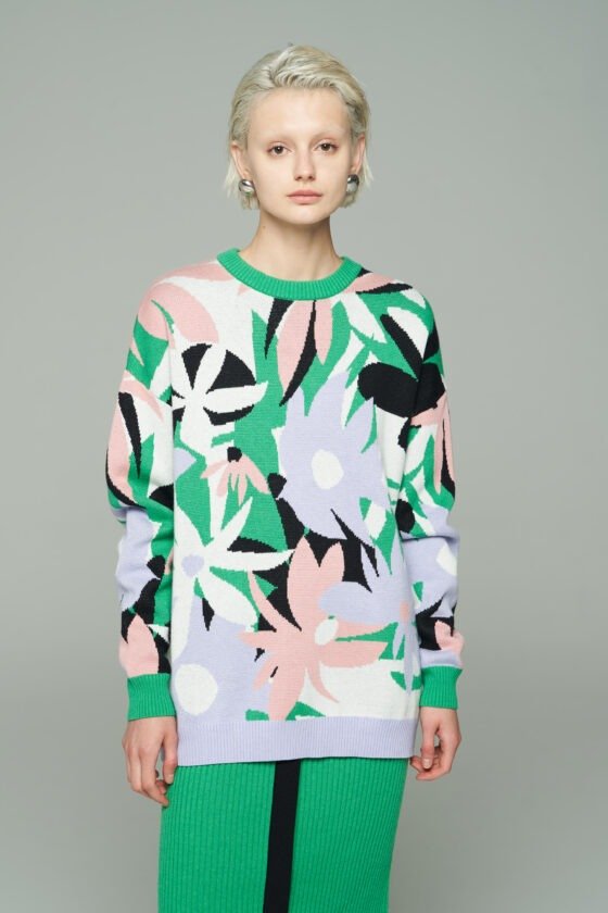 Green Floral Knit Sweater and Skirt Set