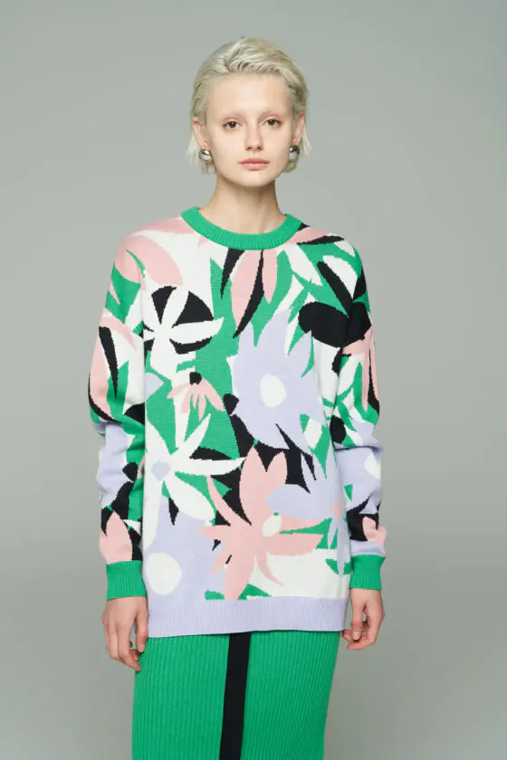 Green Floral Knit Sweater and Skirt Set