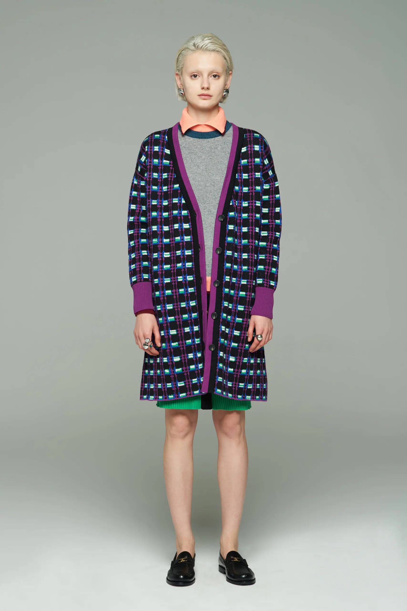 Grey Cashmere Turtleneck and Purple Plaid Coat Set