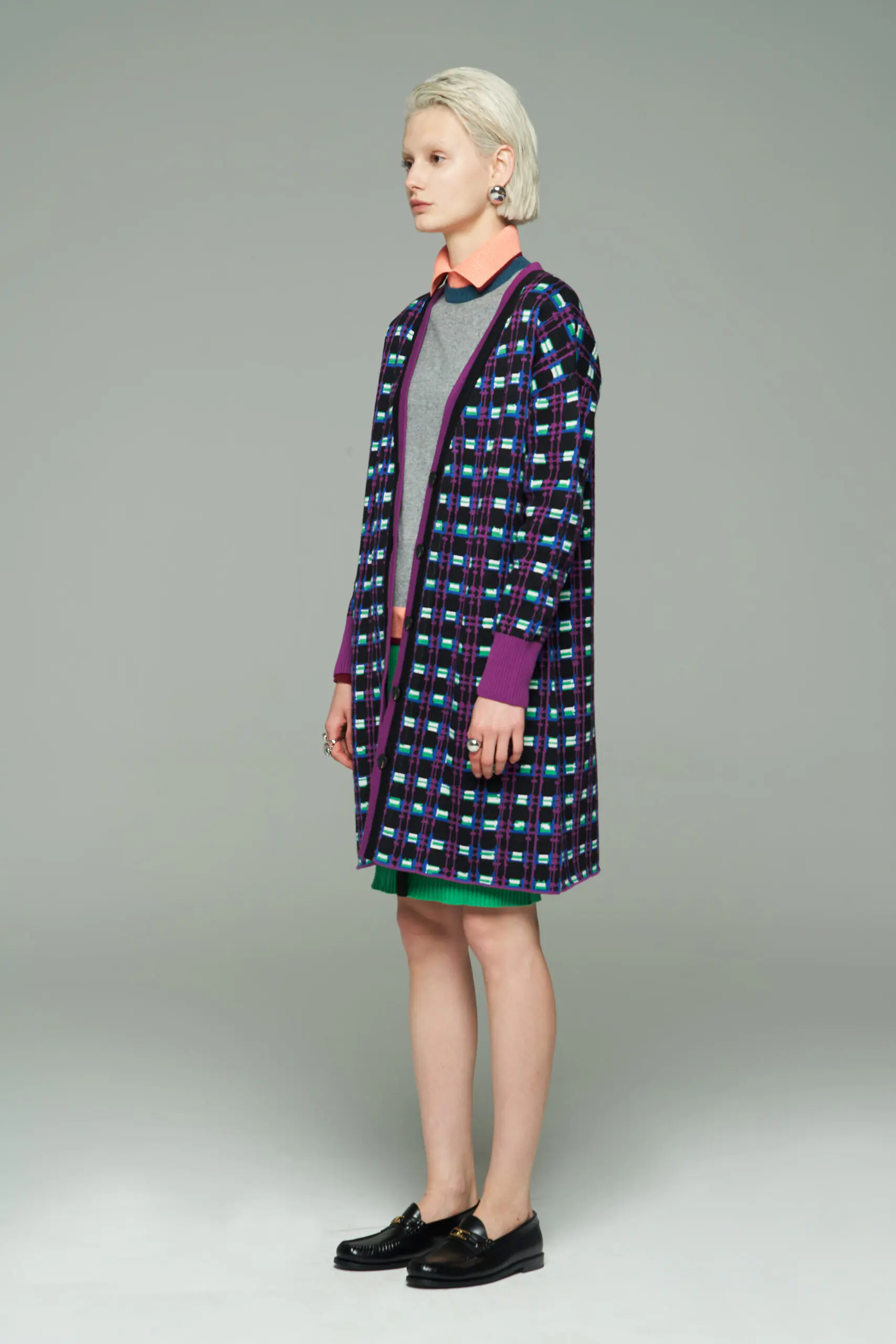 Grey Cashmere Turtleneck and Purple Plaid Coat Set