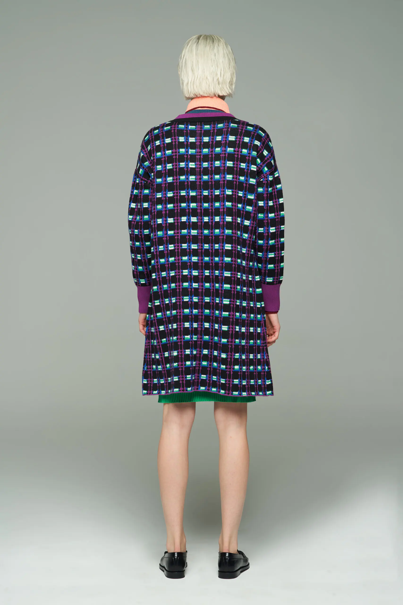Grey Cashmere Turtleneck and Purple Plaid Coat Set