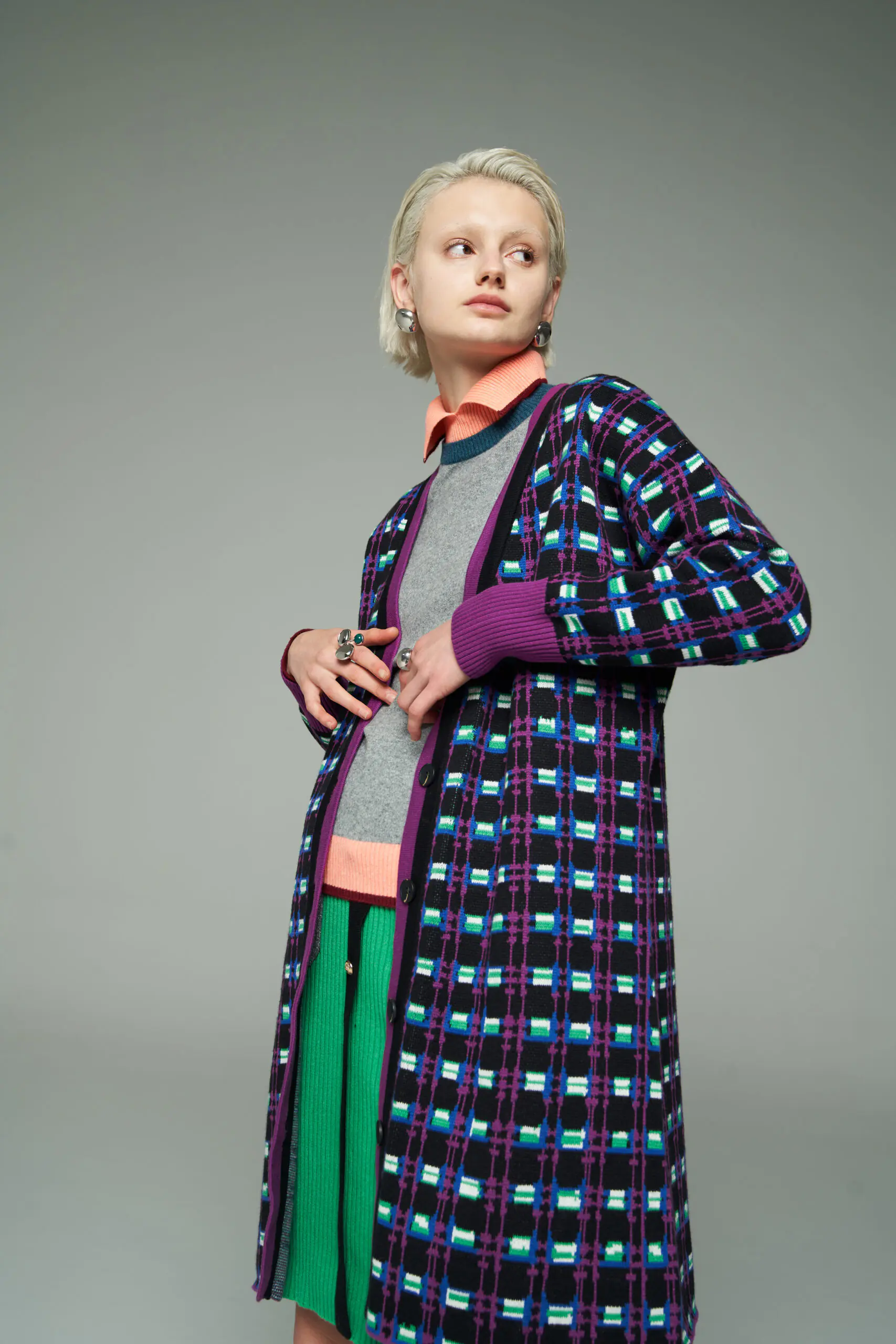 Grey Cashmere Turtleneck and Purple Plaid Coat Set