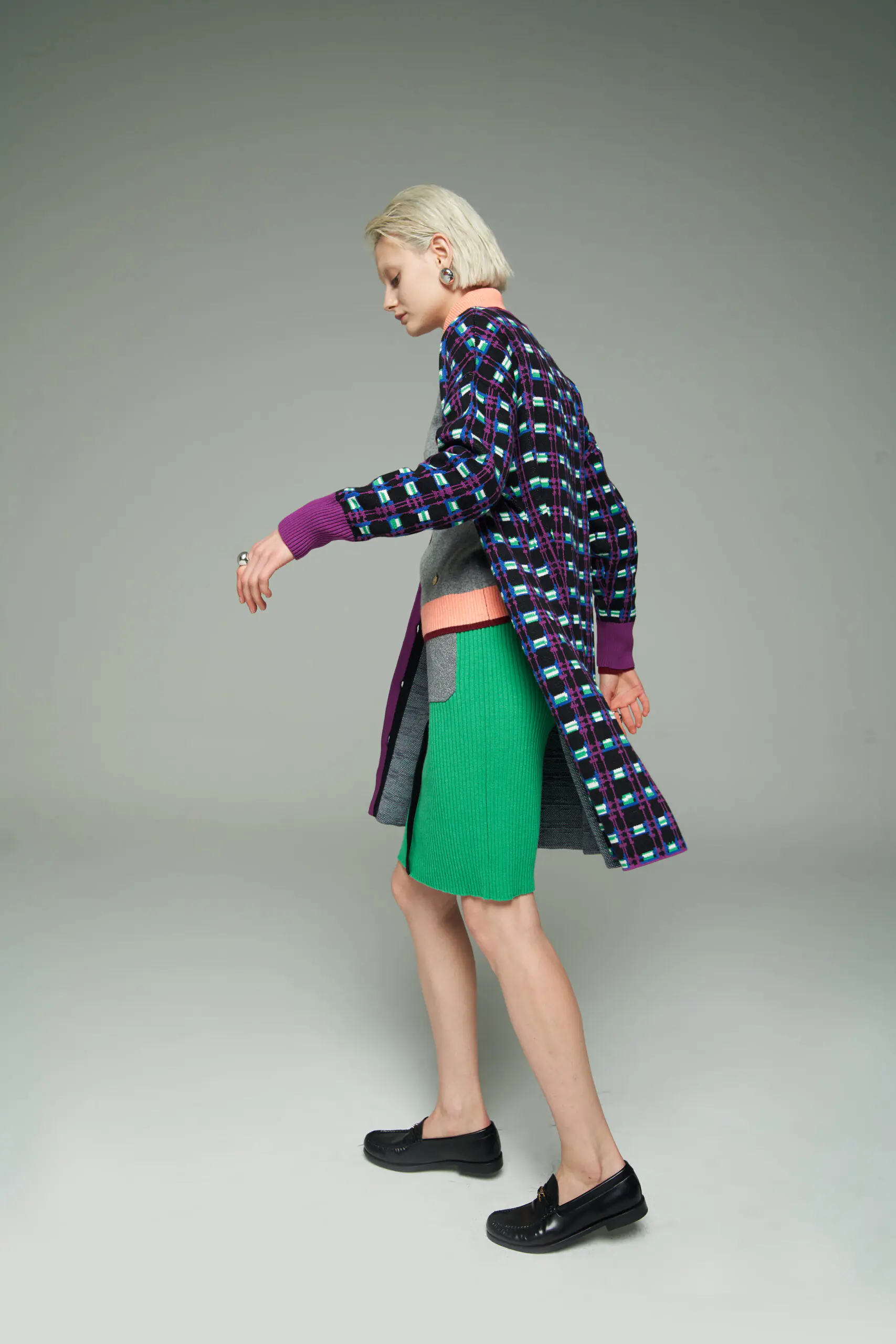 Grey Cashmere Turtleneck and Purple Plaid Coat Set