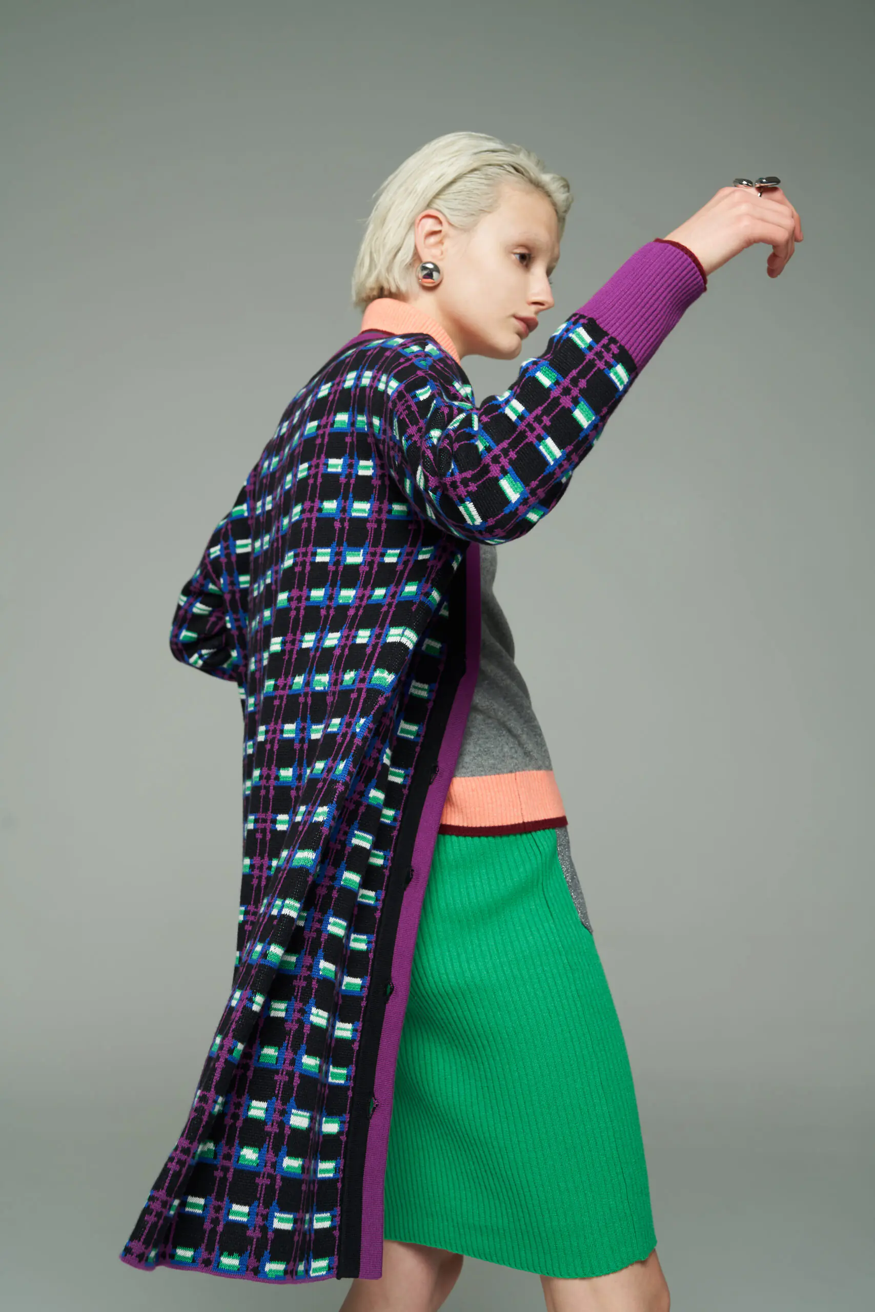Grey Cashmere Turtleneck and Purple Plaid Coat Set