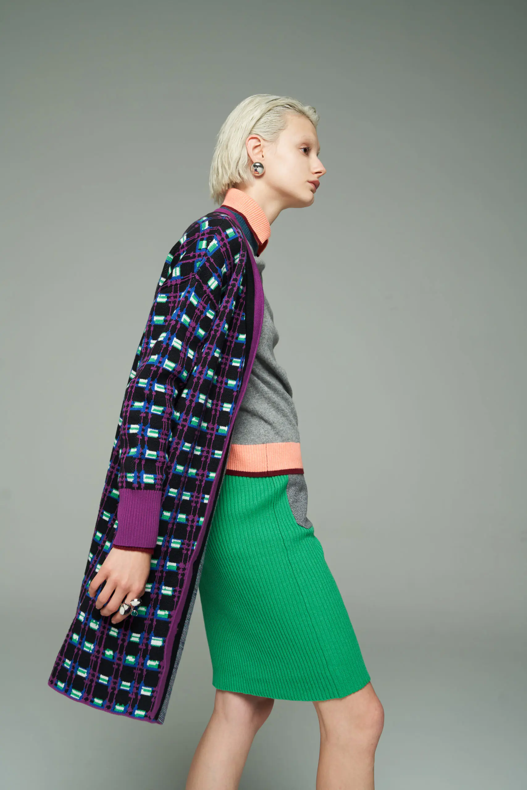 Grey Cashmere Turtleneck and Purple Plaid Coat Set