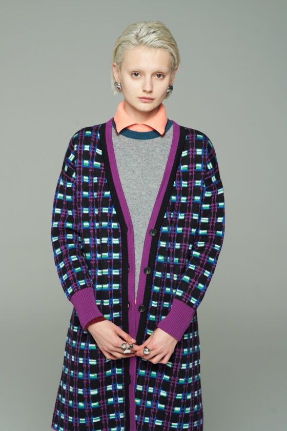 Grey Cashmere Turtleneck and Purple Plaid Coat Set