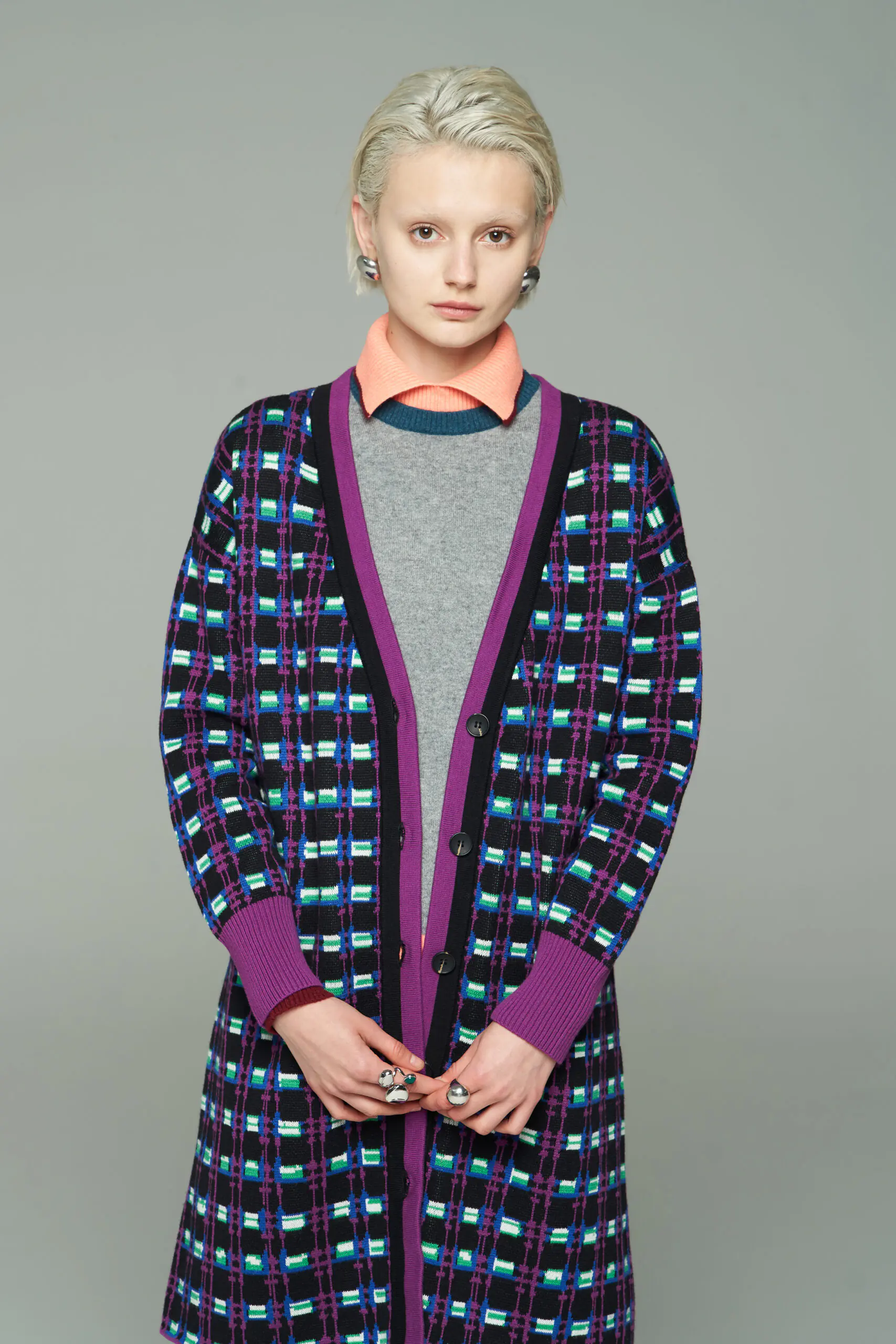 Grey Cashmere Turtleneck and Purple Plaid Coat Set