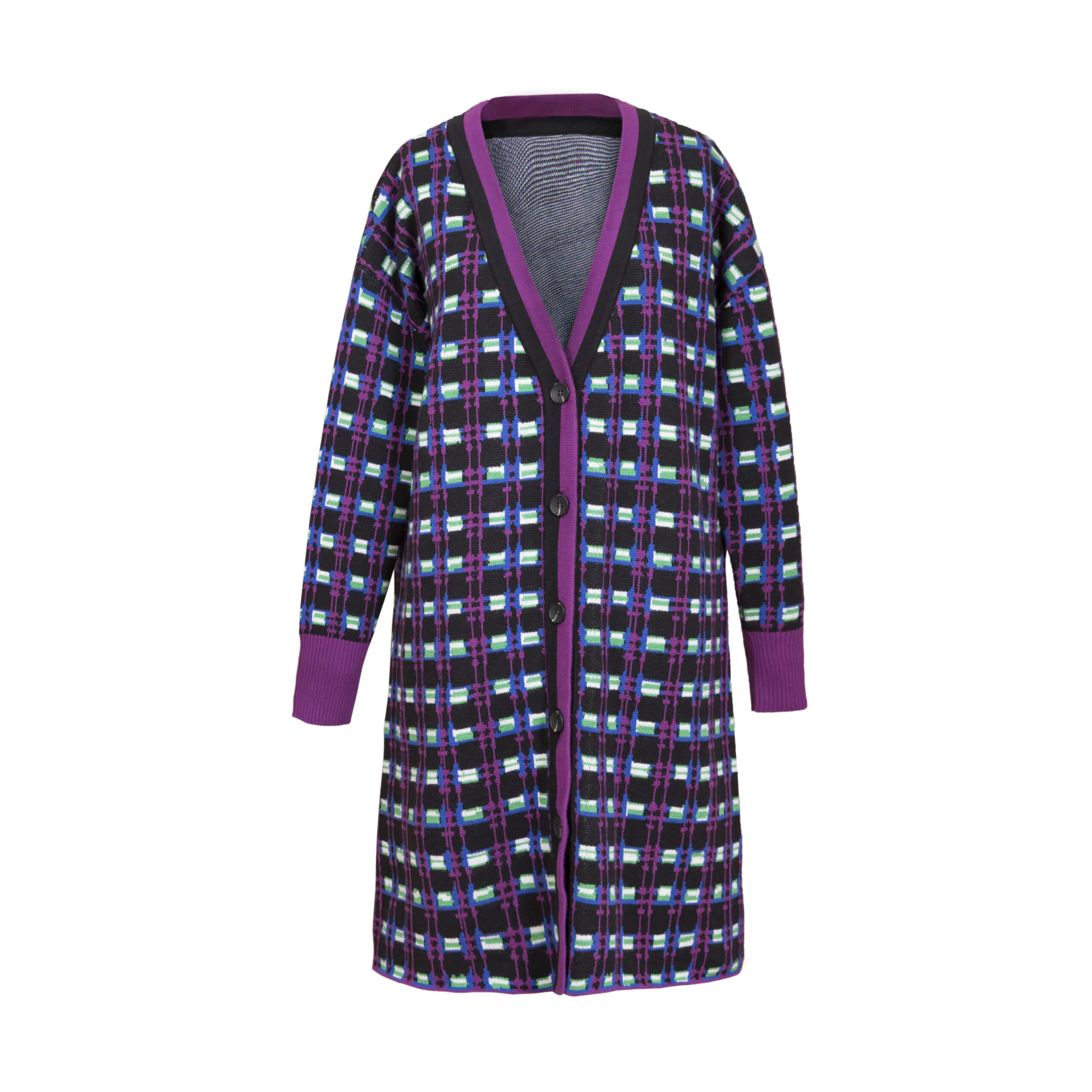 Grey Cashmere Turtleneck and Purple Plaid Coat Set