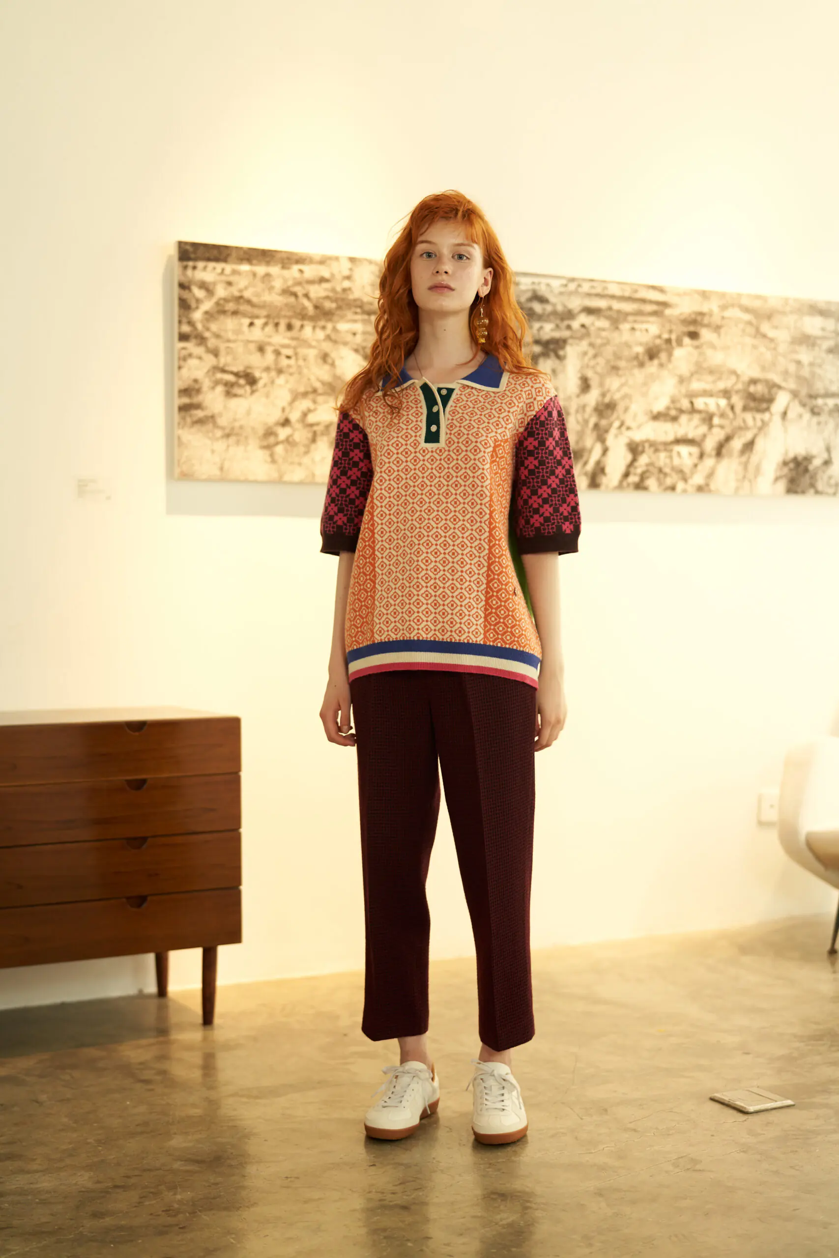 Orange Geometric Pattern Contrast Polo Sweater - 图片 2