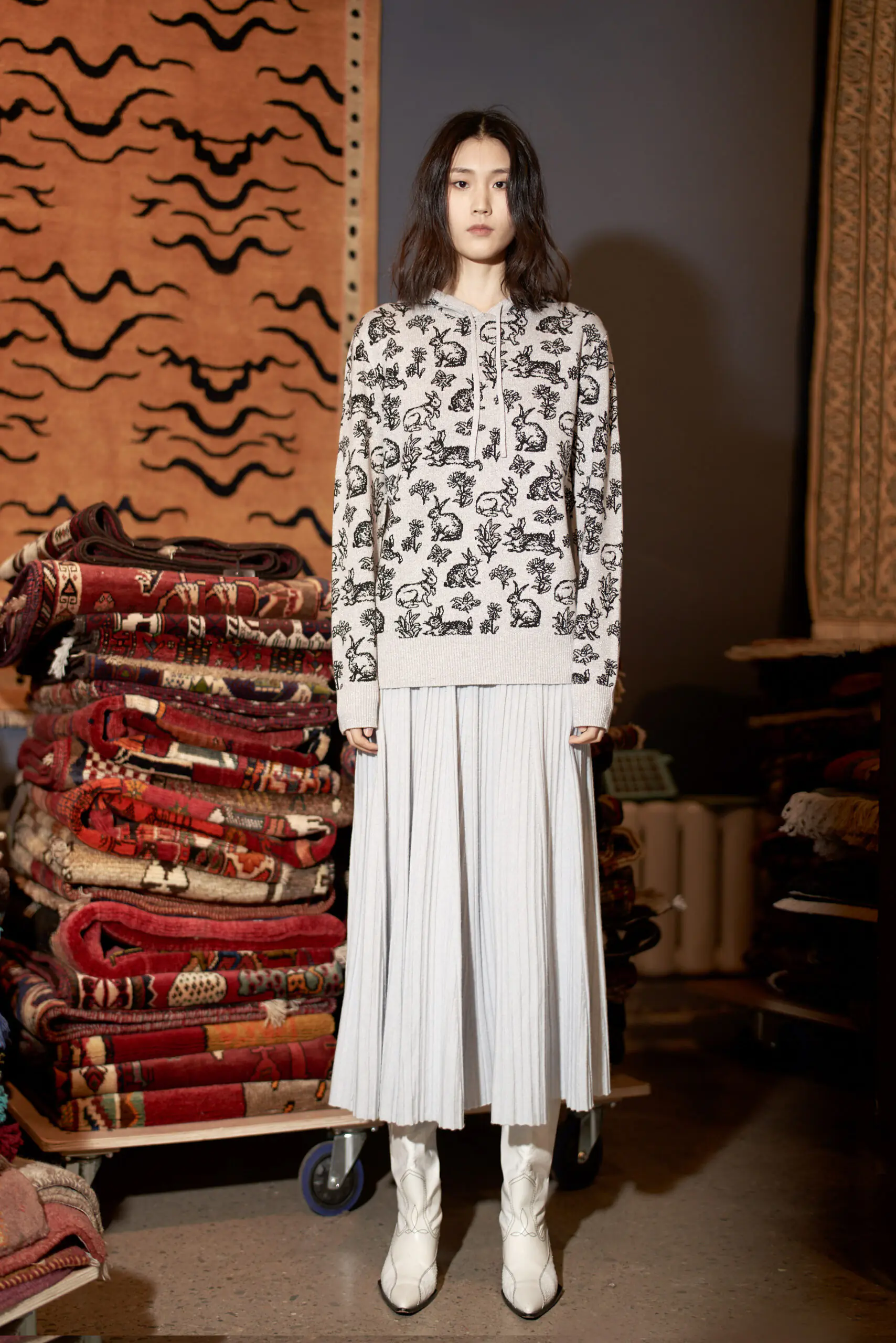Silver Lurex Rabbit Ear Knit Hoodie - 图片 2