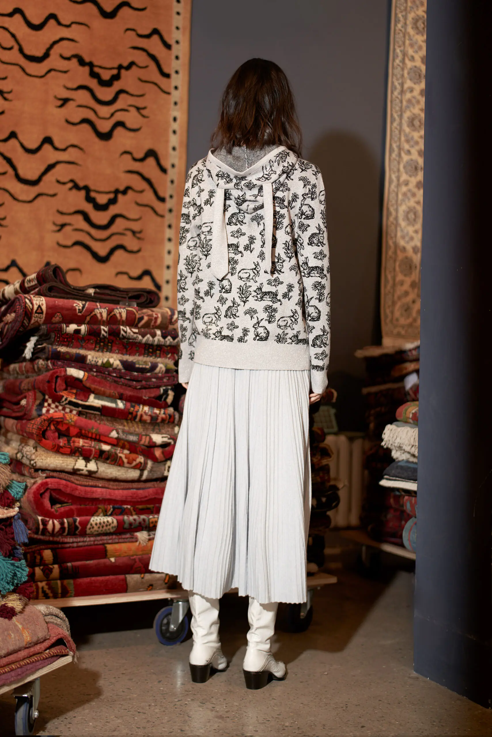 Silver Lurex Rabbit Ear Knit Hoodie - 图片 4